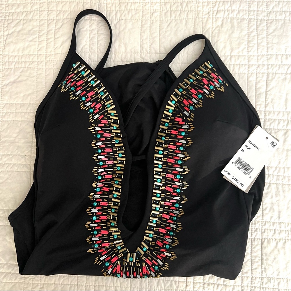 NWT Kenneth Cole Reaction black one piece swimsuit with beading